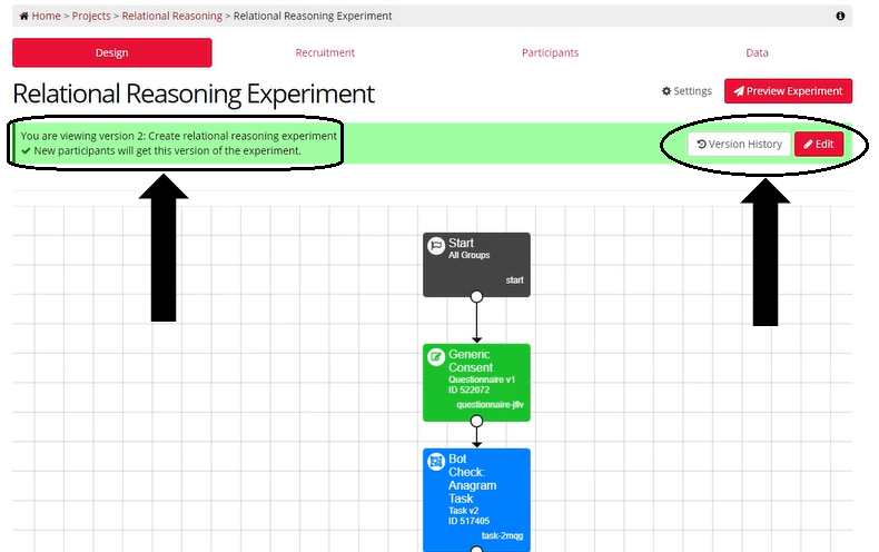 A screenshot of the Experiment Builder, the green banner at the top of the screen and the red edit button at the top right have been highlighted.